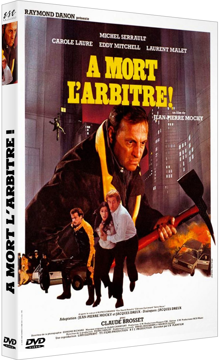 Pochette de film, homme en costume avec un chapeau hurlant. Texte "A Mort L'Arbitre".