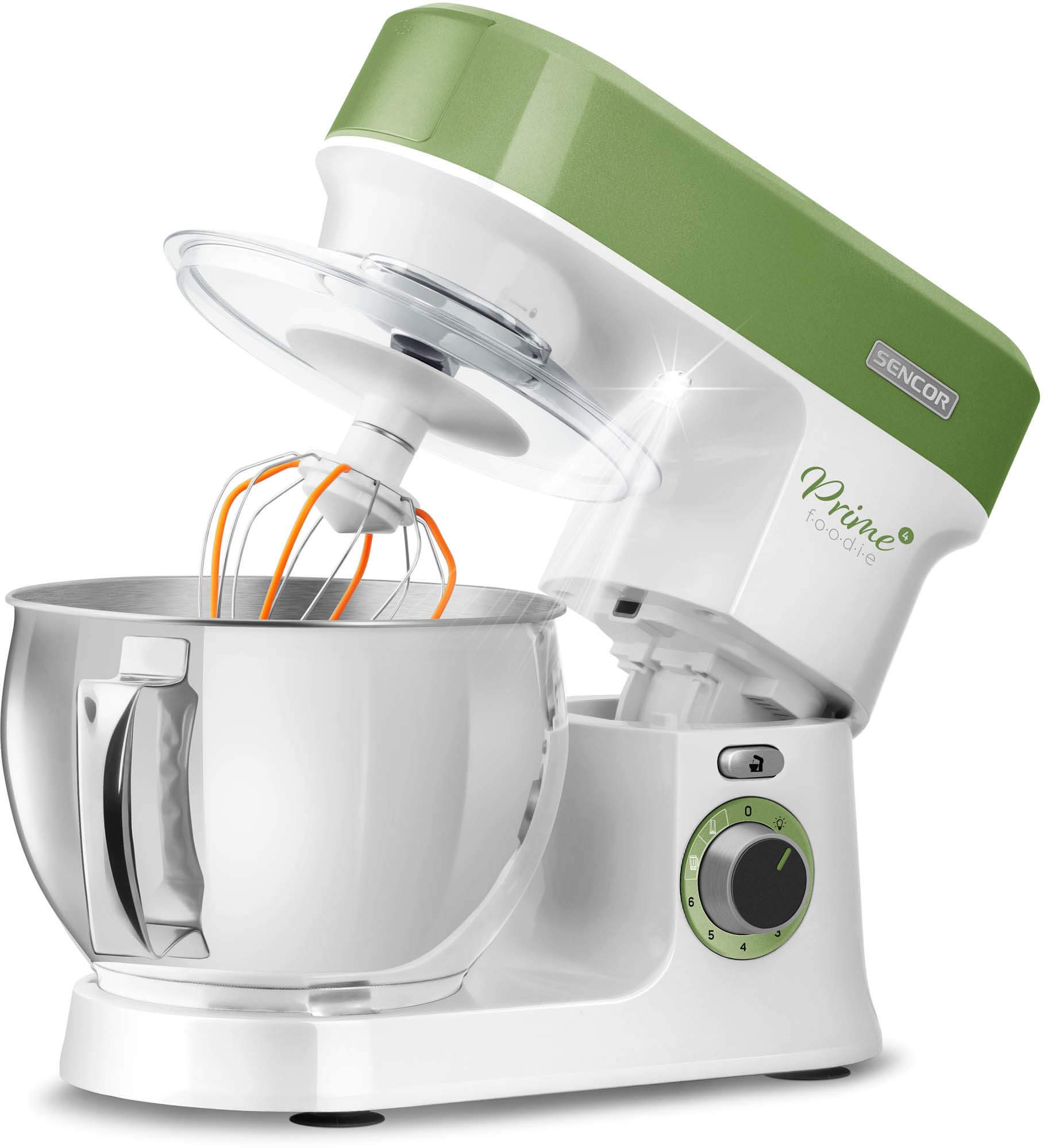 Konyhai állványos mixer, fehér zöld díszítéssel, tál és habverő látható.