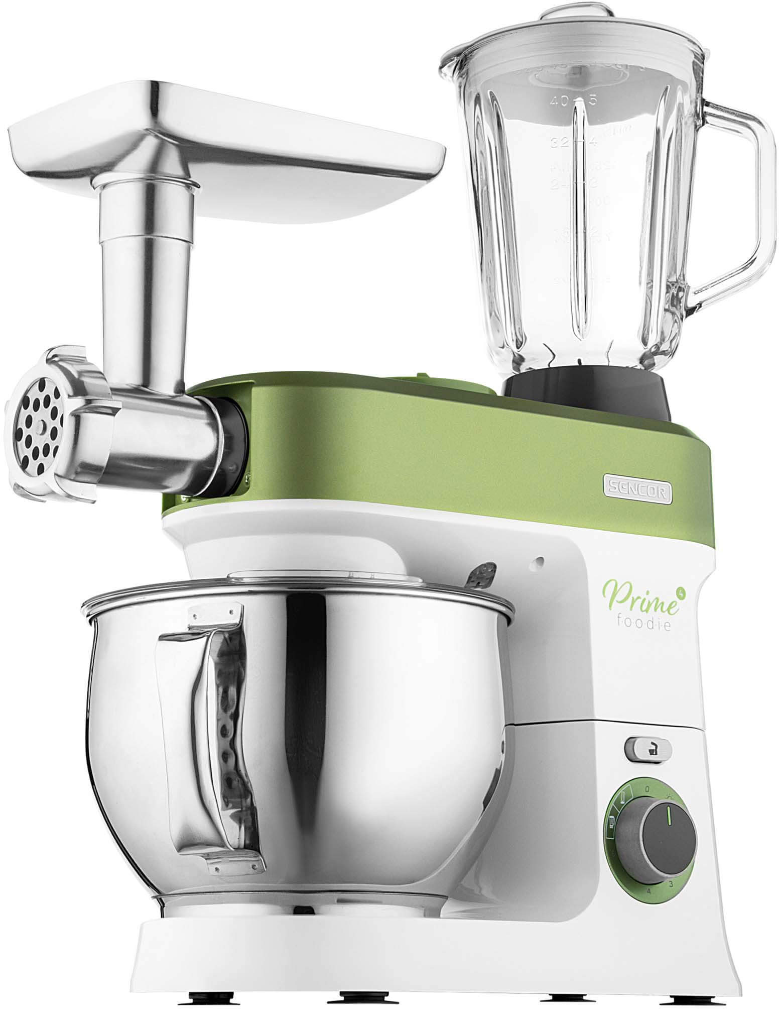 Fehér és zöld álló mixer húsdaráló és turmix feltéttel.