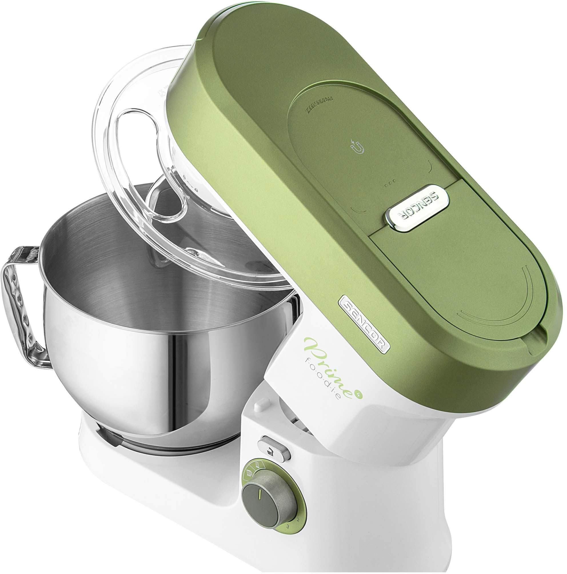 Konyhai mixer zöld tetővel és rozsdamentes acél tálral. A mixer fehér, átlátszó fedéllel.