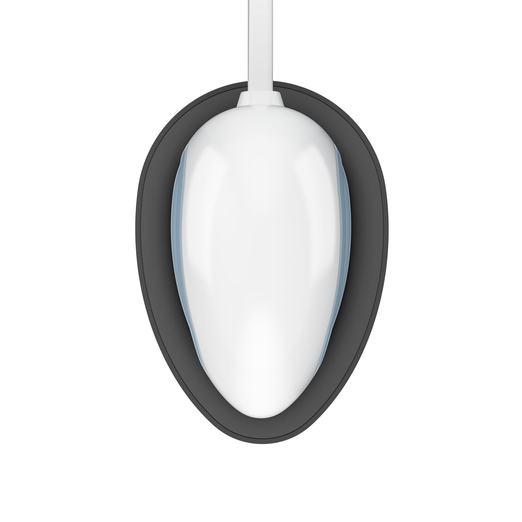 Ein weißes, ovales Gerät mit Kabel, platziert in einer schwarzen, ovalen Wiege, Draufsicht, weißer Hintergrund.