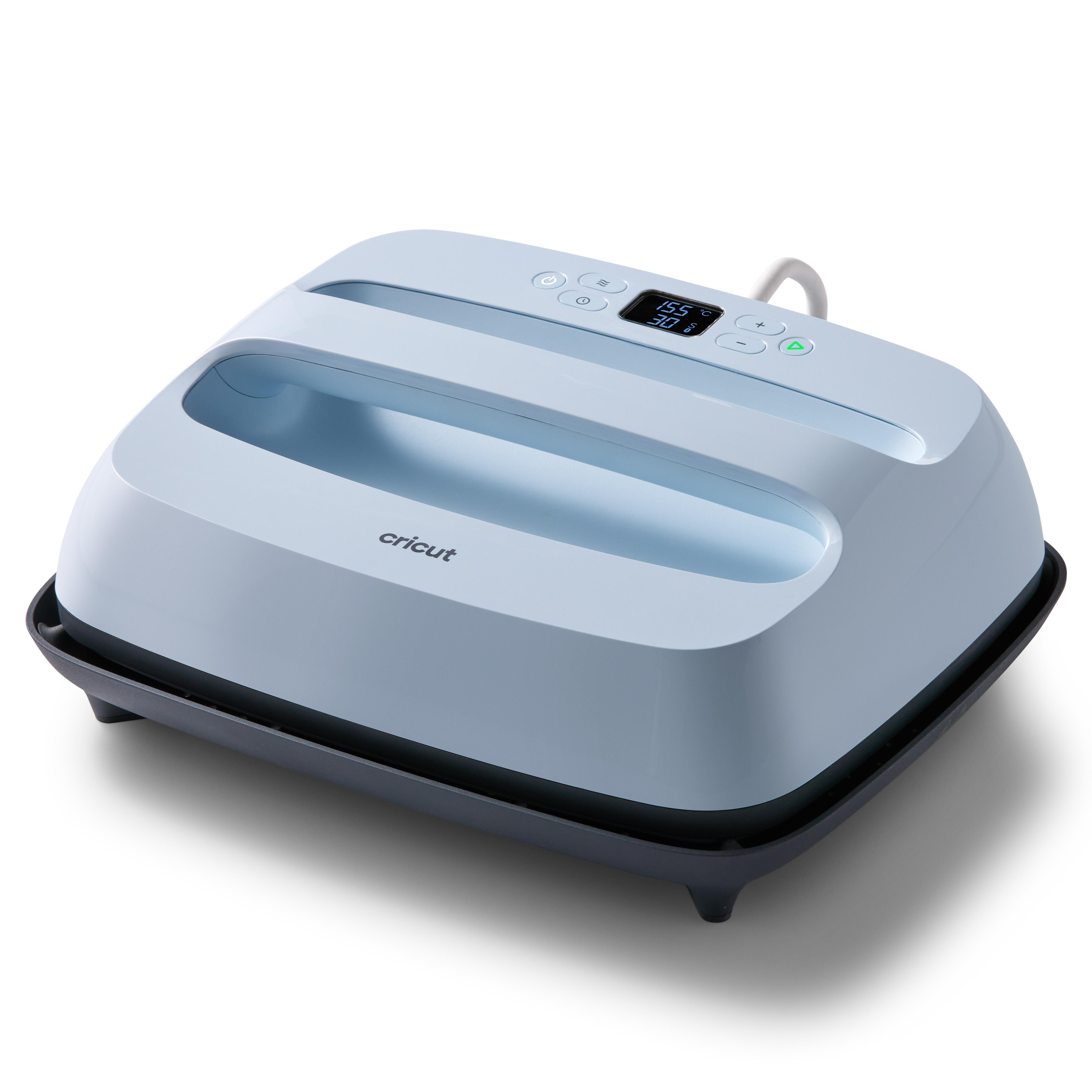 Hellblaue Cricut EasyPress mit schwarzer Basis und Digitalanzeige.