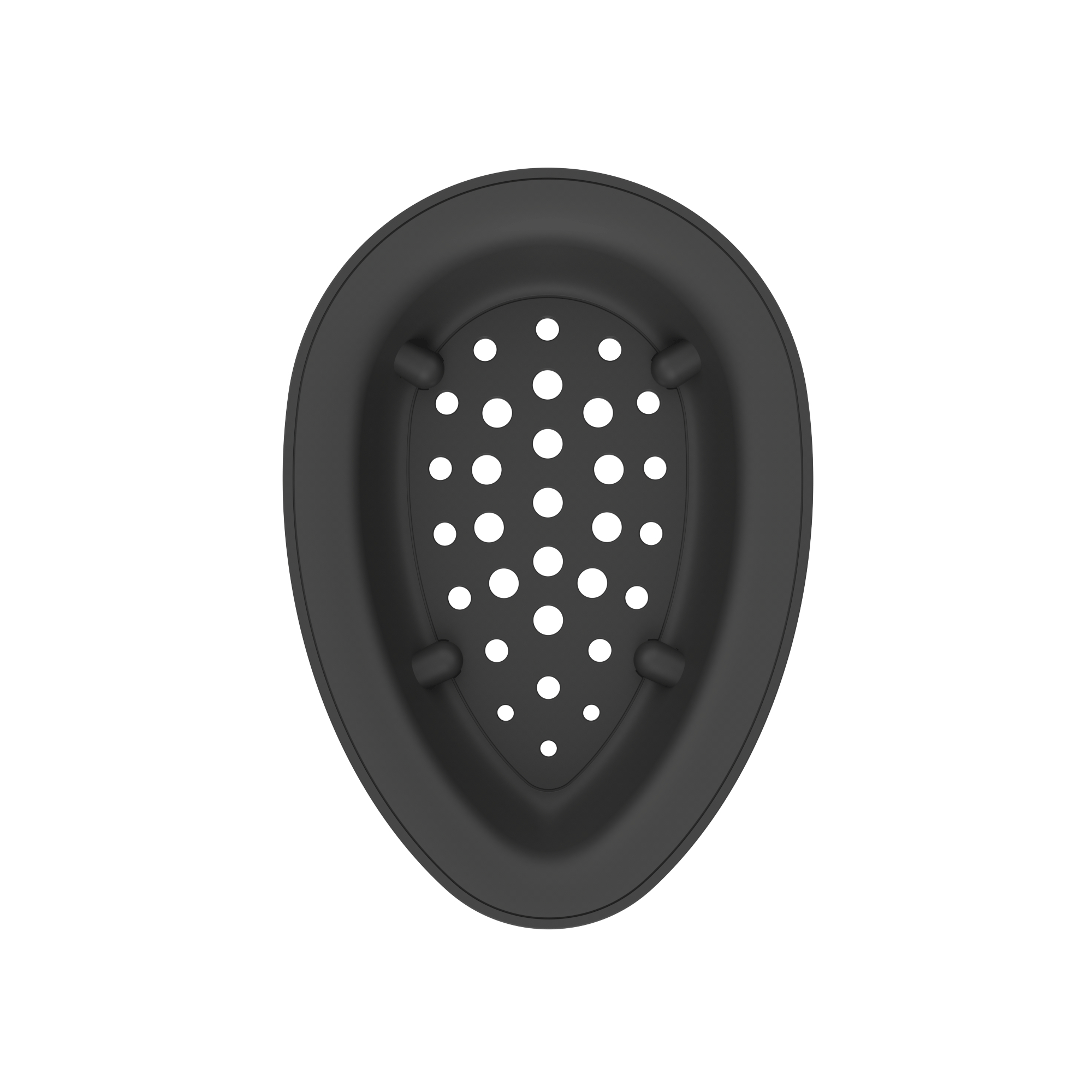 Eine schwarze Augenmaske mit vielen kleinen Löchern. Es wird auf weißem Hintergrund platziert.