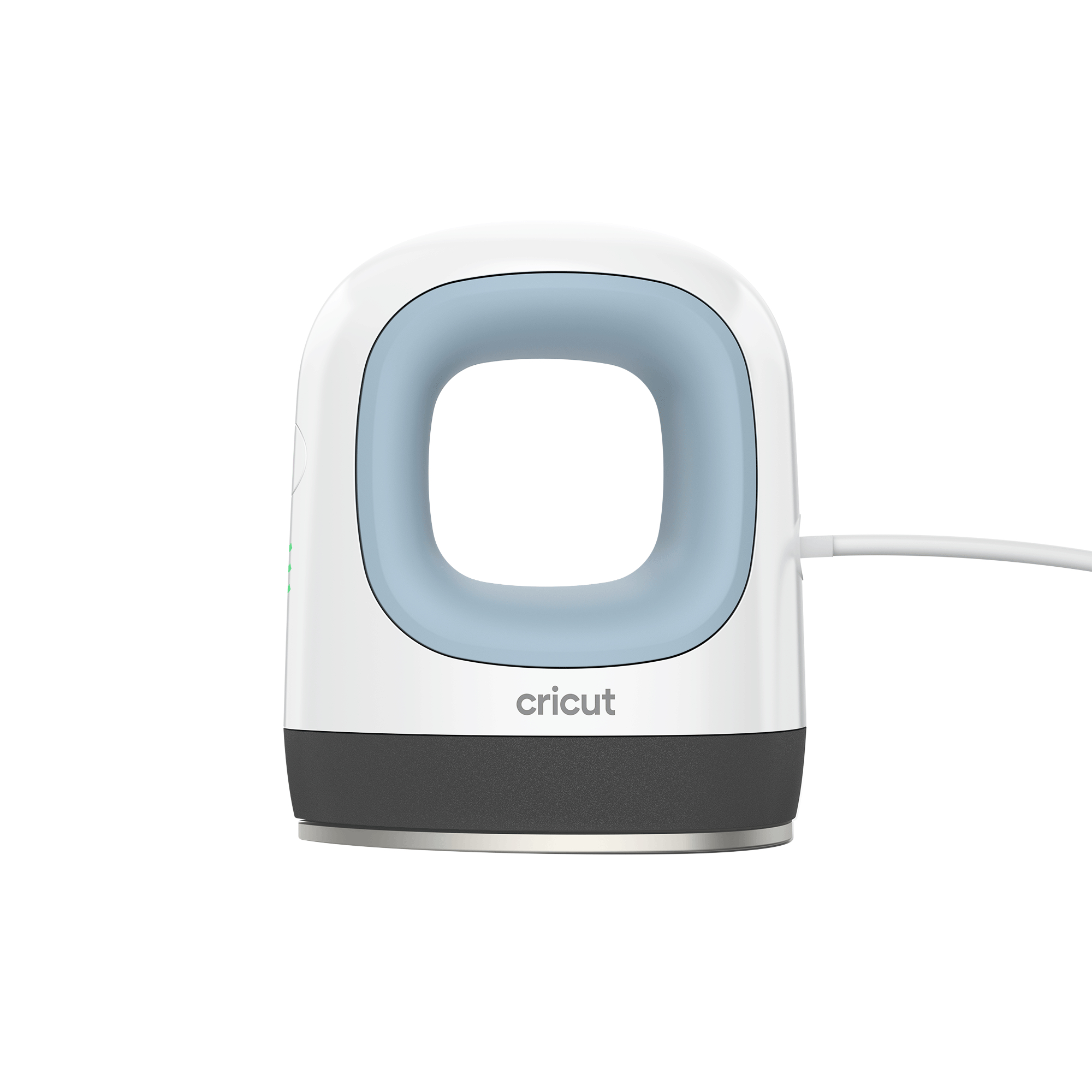Ein weiß-blaues Cricut EasyPress Mini. Es hat einen schwarzen Sockel und ein Loch in der Mitte.