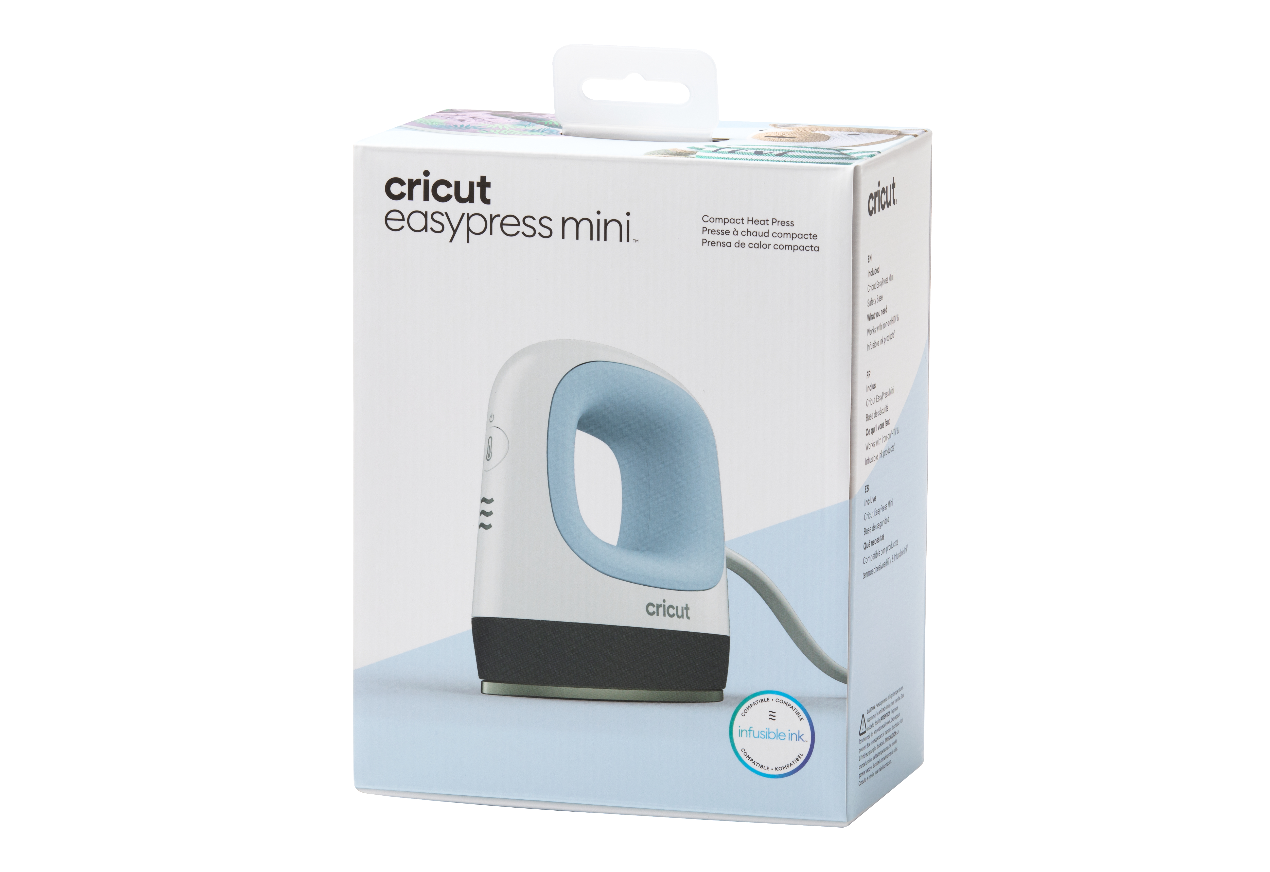 Cricut EasyPress Mini in weiß-blauer Box. Das Bügeleisen ist weiß mit blauen Akzenten.