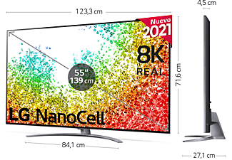 TV LED 55" -  LG 55NANO966PA, 8K NanoCell, SmartTV, 8K α9 Gen4 con AI, HDR, Calibración TV incluida, Plata