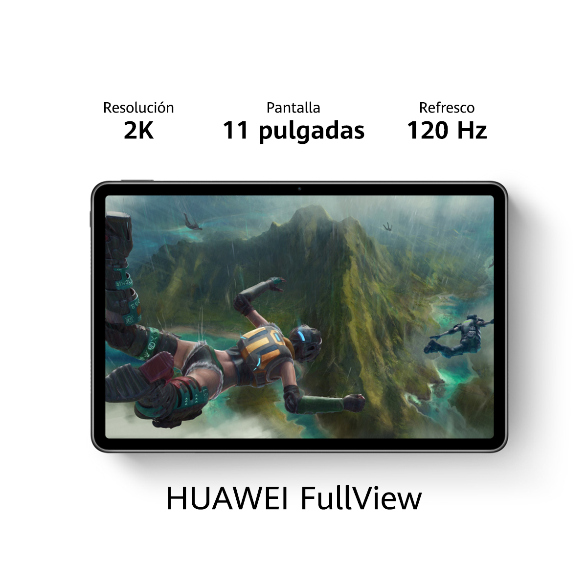 Tableta con pantalla de juego que muestra a una persona saltando en paracaídas. Texto arriba: resolución 2K, pantalla de 11 pulgadas.