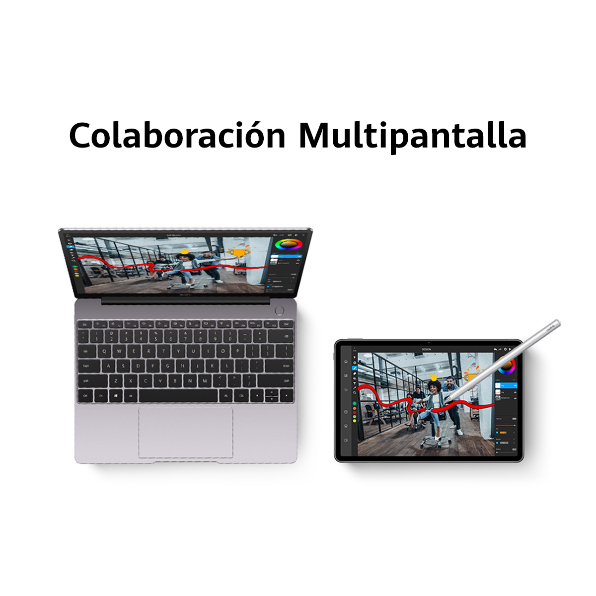 Portátil y tableta muestran pantallas similares; colaboración multipantalla.