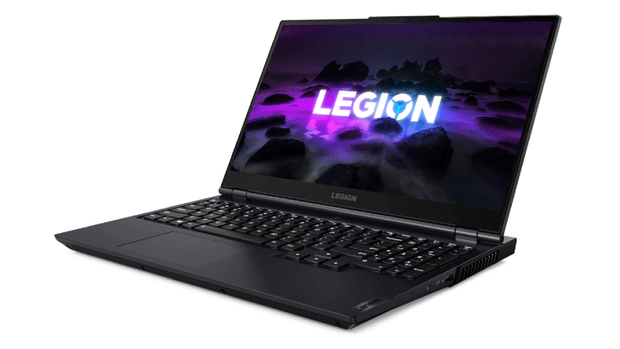 Portátil negro con pantalla iluminada mostrando el logo 'LEGION'. Vista en ángulo, fondo oscuro.