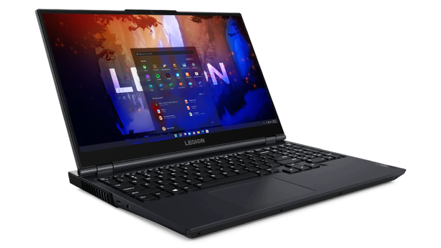 Ordenador portátil Lenovo Legion negro con pantalla abierta mostrando aplicaciones.