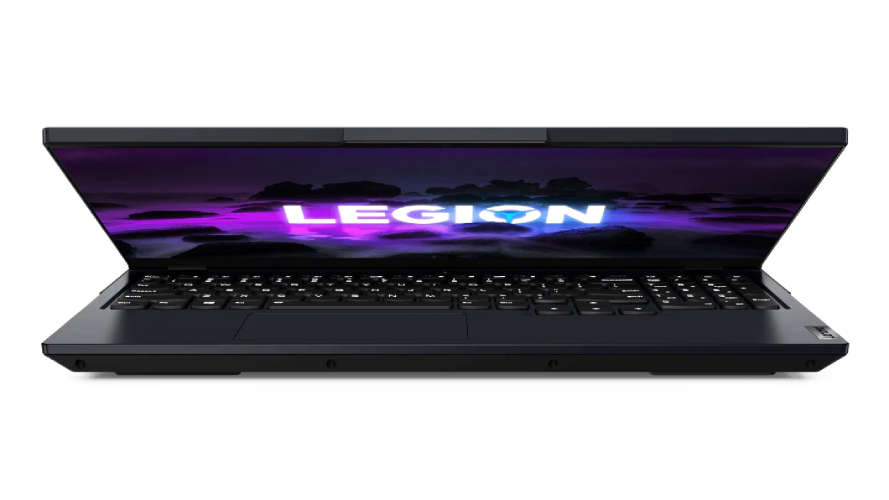 Ordenador portátil negro con 'LEGION' en la pantalla, fondo oscuro.