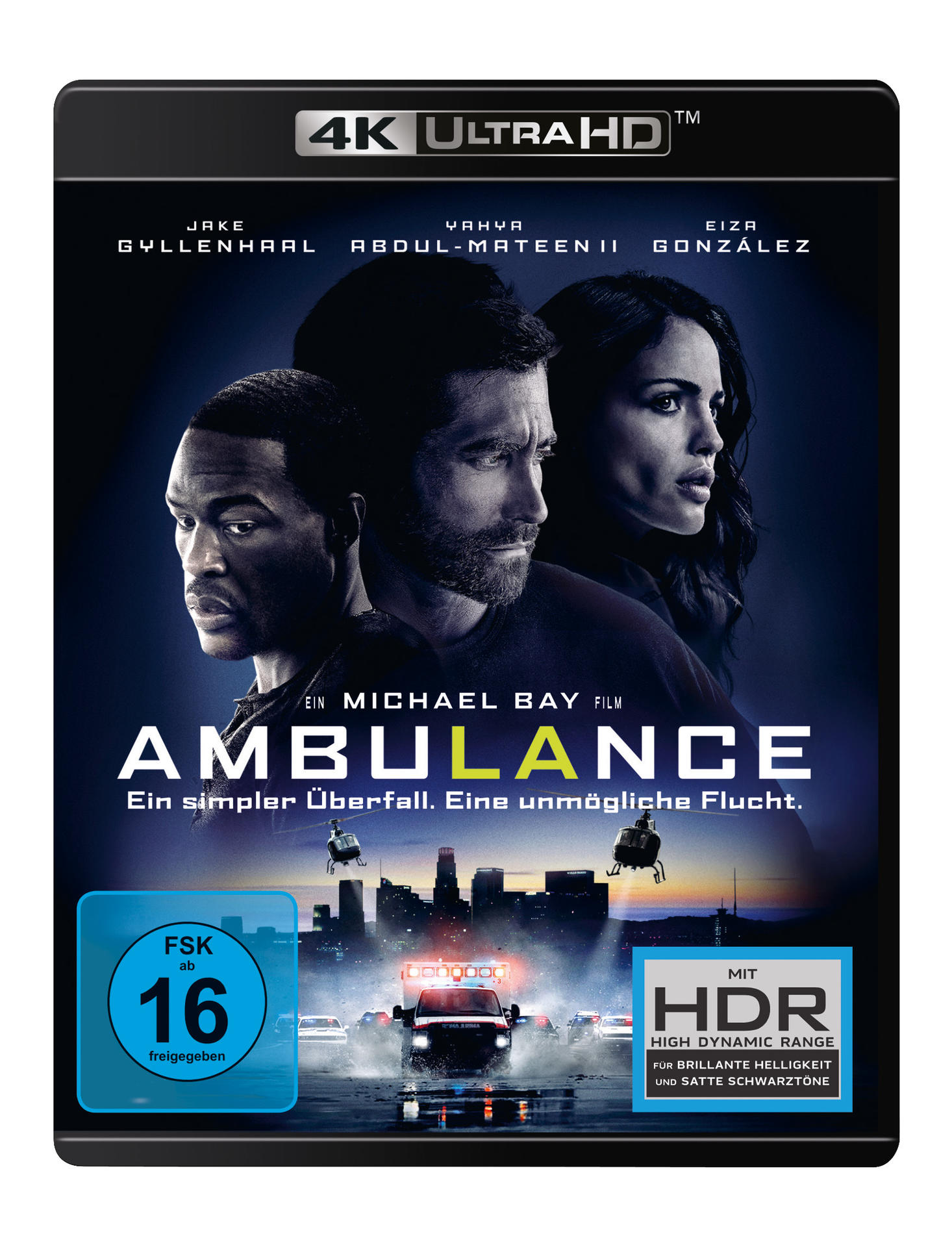 Ambulance Filmcover, Jake Gyllenhaal, Yahya Abdul-Mateen II und Eiza González.