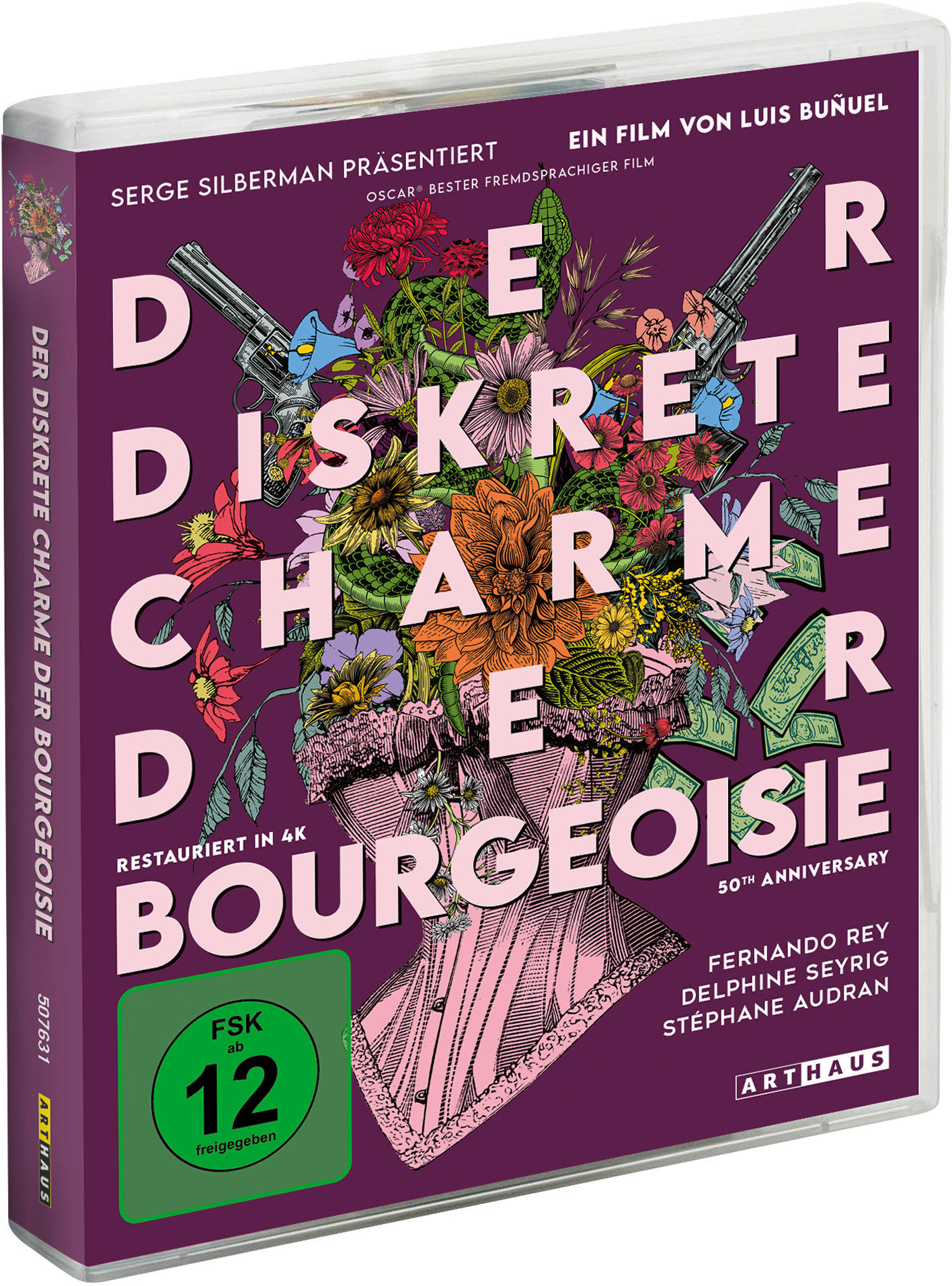 DVD-Cover für "Der diskrete Charme der Bourgeoisie". Lila Hintergrund mit Blumen- und Gewehrcollage.