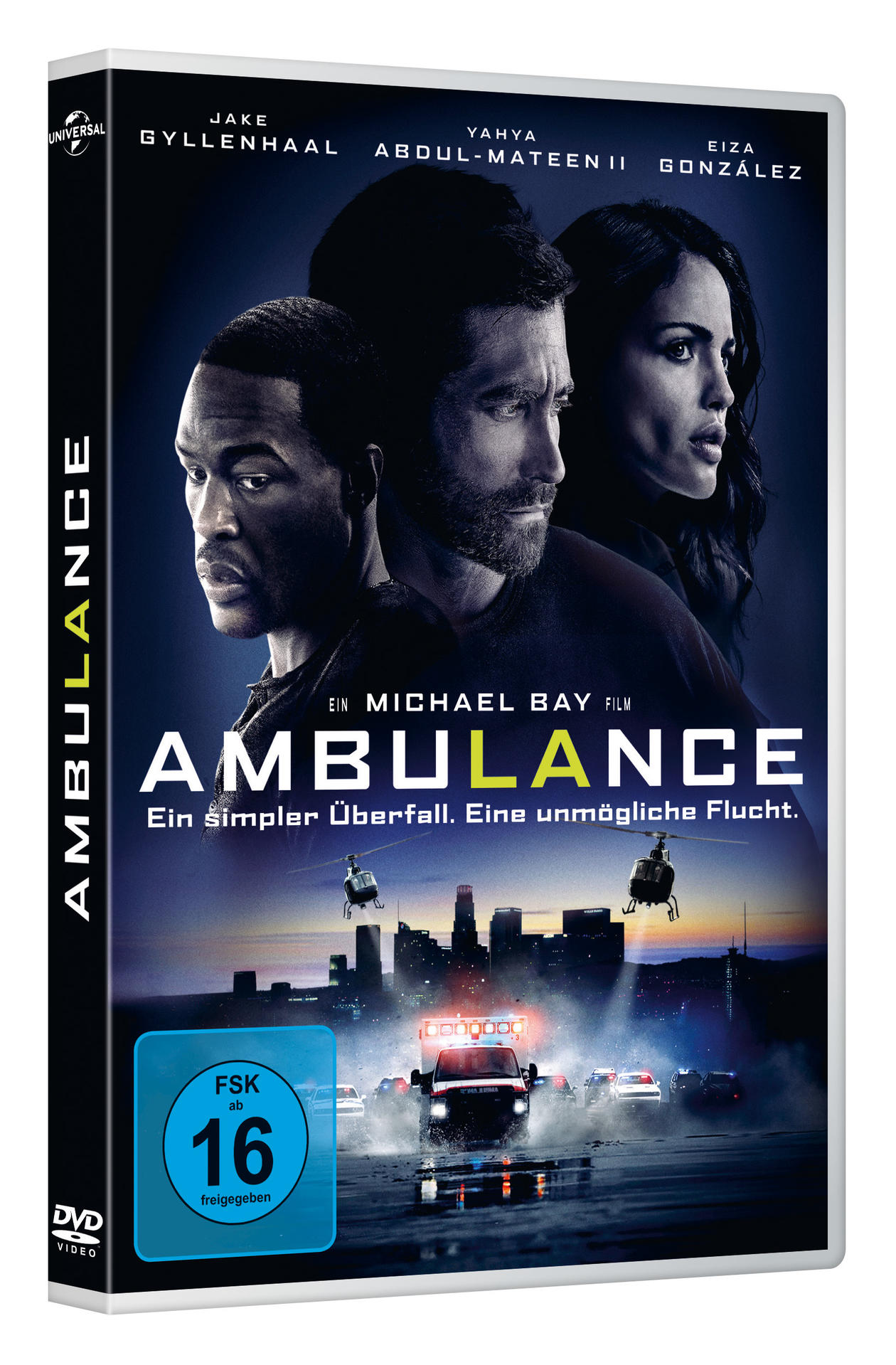 Filmplakat: Drei Gesichter, unten ein Krankenwagen, Polizeiautos, Helikopter.