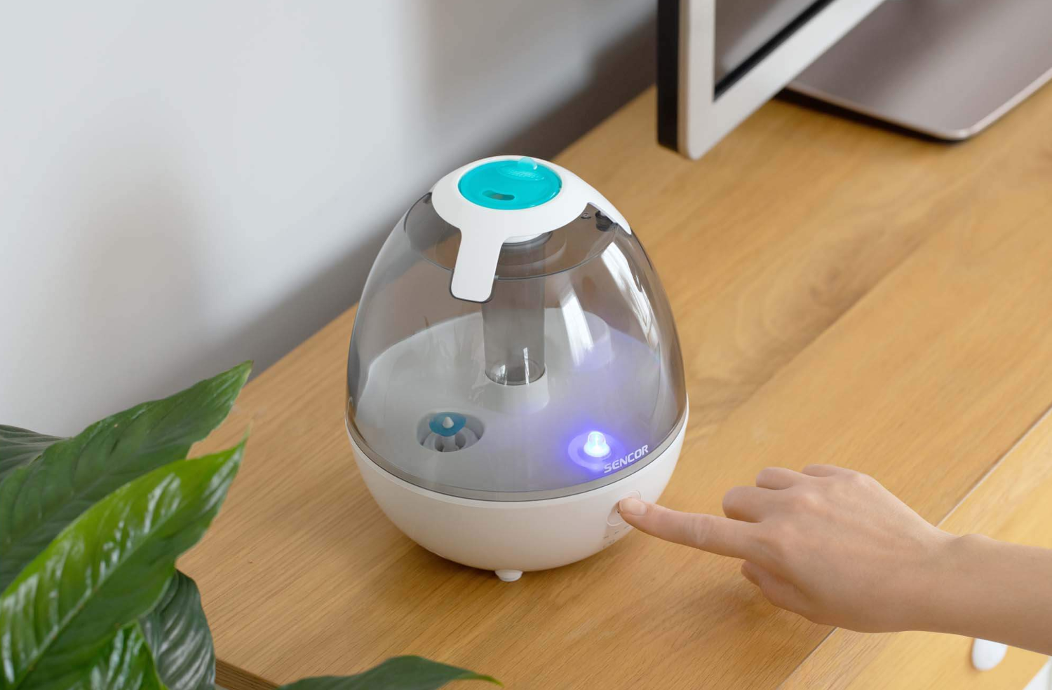 Egy fehér és átlátszó párásító fa felületen. Egy kéz megnyomja a bekapcsológombot.