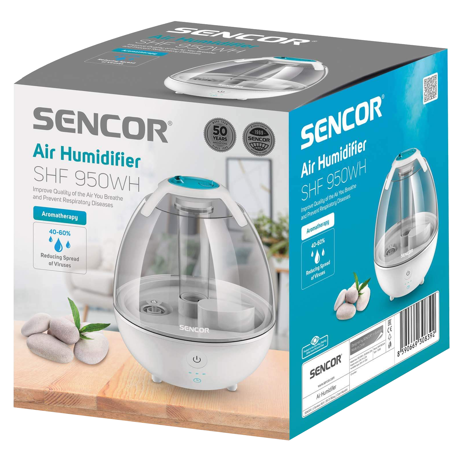 Sencor Air Humidifier doboz a termékkel és néhány kővel.