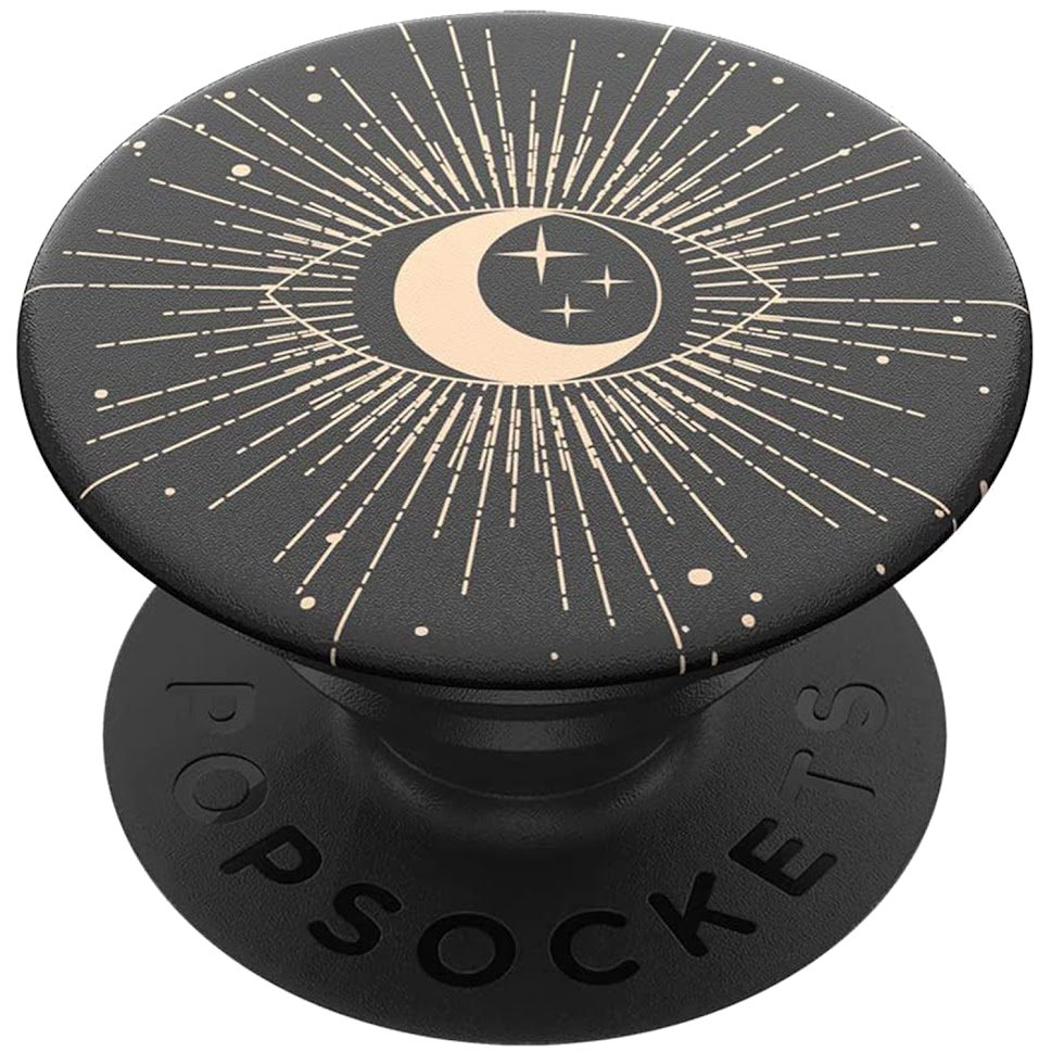 Zwarte PopSocket met een oog- en maan-ontwerp op een zwarte achtergrond.