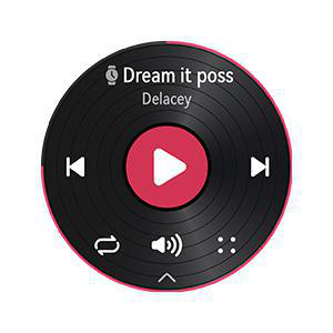 Ein schwarzer kreisförmiger Bildschirm mit einer Play-Taste und Musiksteuerungen auf pinkfarbenem Hintergrund.