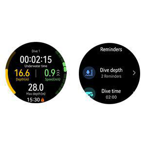 Zwei kreisförmige Smartwatch-Displays. Das linke zeigt Tauchdaten wie Zeit, Tiefe und Geschwindigkeit. Das rechte zeigt Erinnerungen.