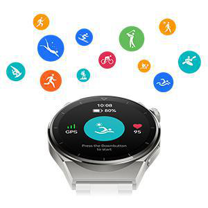 Eine Smartwatch mit Display, das Aktivitätssymbole wie Schwimmen und Laufen zeigt.