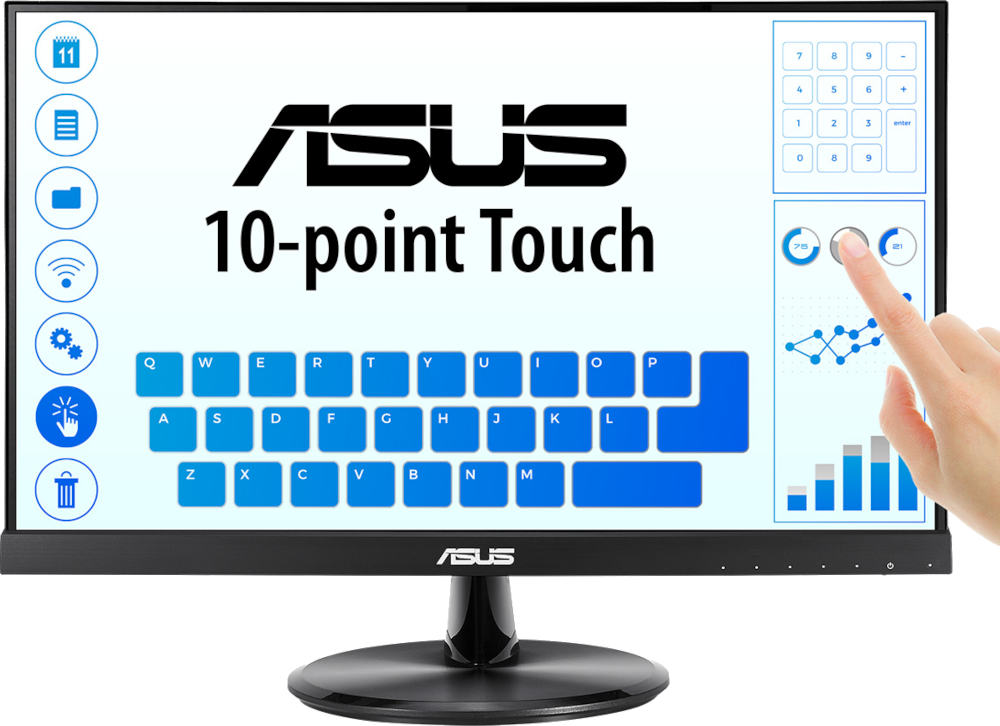 Moniteur ASUS avec écran tactile, clavier et main touchant l'écran.