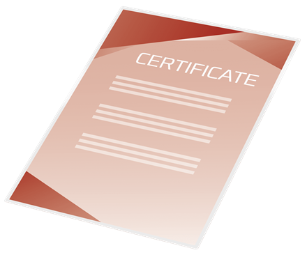 Oklevél fehér háttérrel, piros díszítéssel és a "CERTIFICATE" szóval.