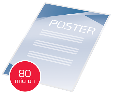 Poszter kék-fehér dizájnnal és egy piros körrel, rajta a '80 micron' felirattal.