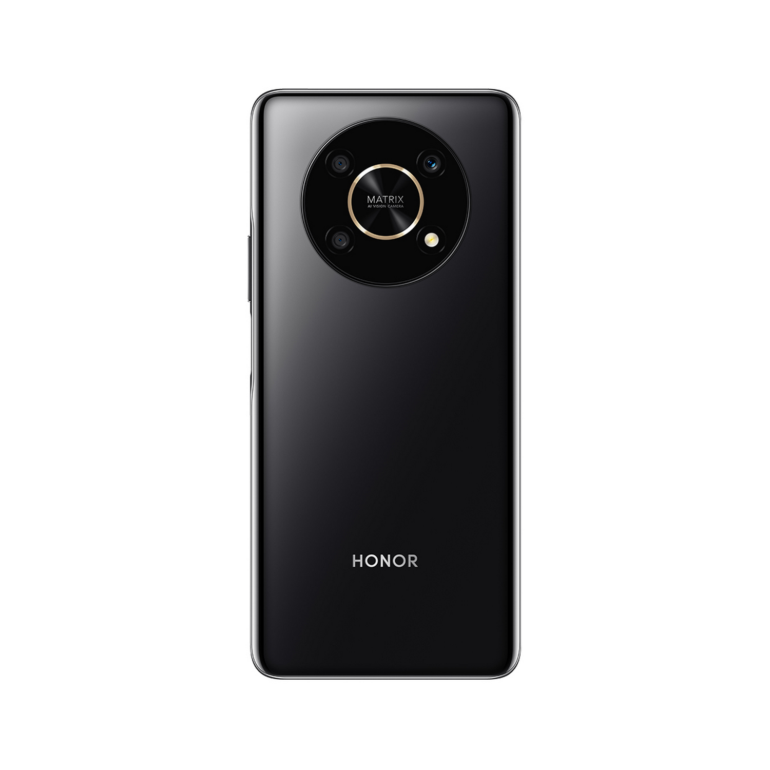Un teléfono Honor negro, con un módulo de cámara prominente en la parte trasera.