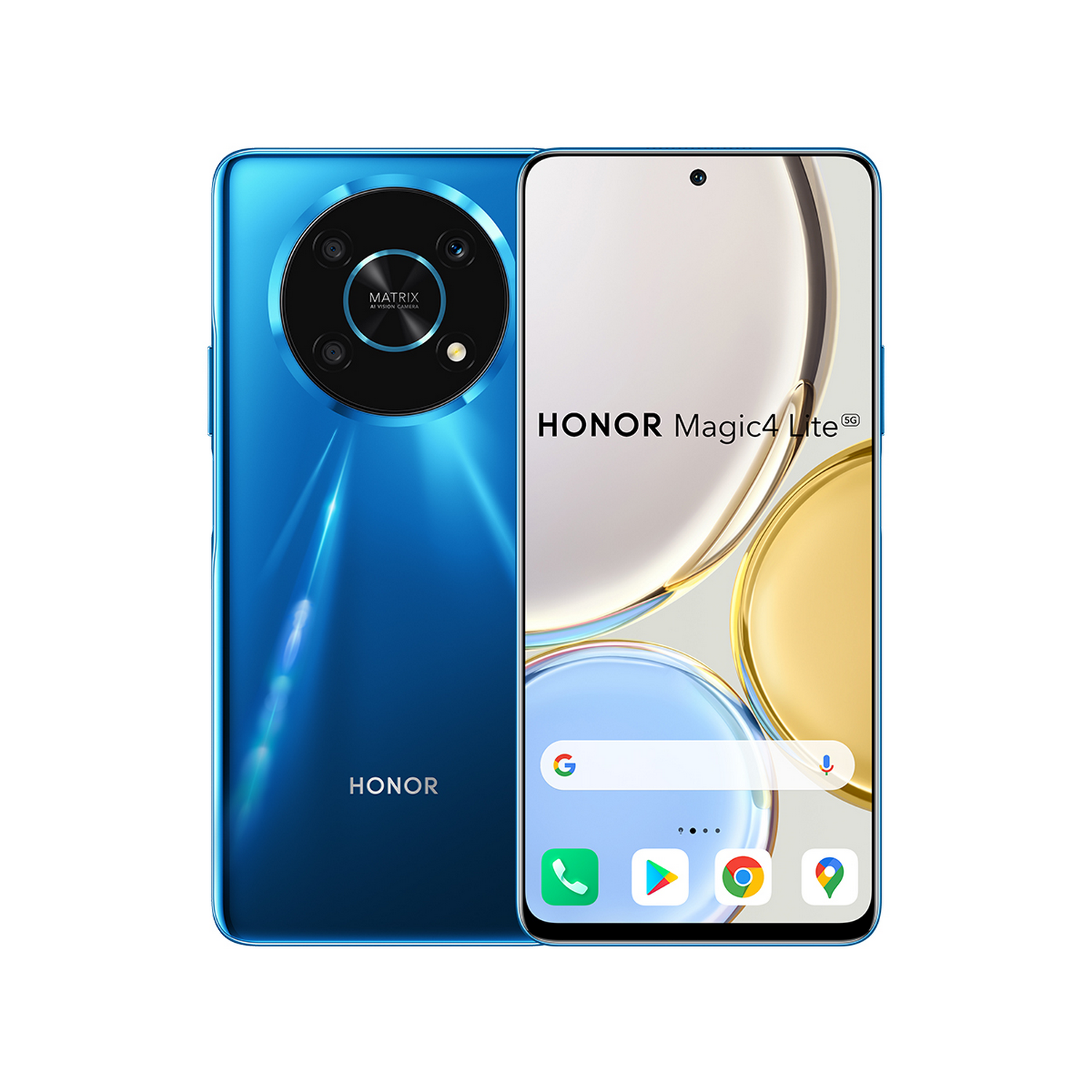 Teléfono azul Honor Magic4 Lite. Tiene pantalla grande y diseño de cámara circular.