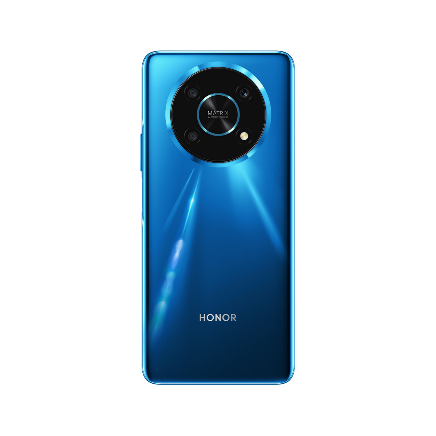 Un teléfono azul con una matriz de cámara de triple lente se muestra sobre un fondo blanco. Se muestra el nombre de la marca HONOR.