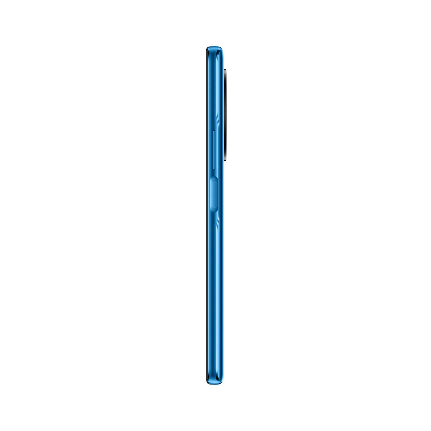 Una vista lateral de un smartphone azul con botones en el lateral.