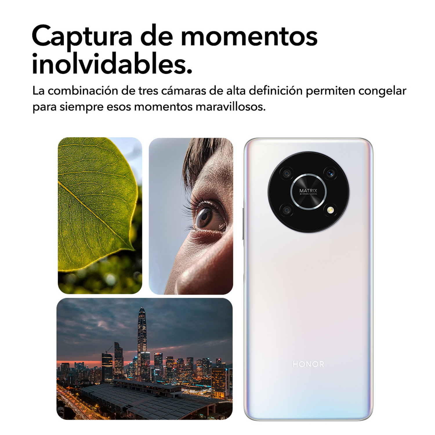 Smartphone con múltiples lentes de cámara e imágenes de una hoja, ojo y paisaje urbano.