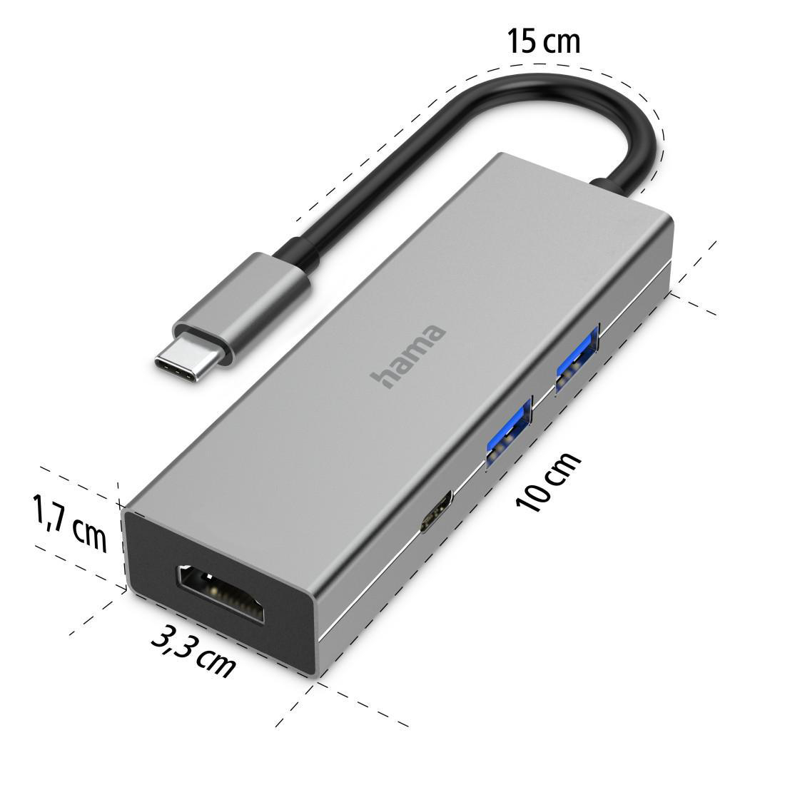 Silberner USB-C-Hub mit HDMI- und USB-Anschlüssen, mit Maßangaben. Schwarzes Kabel angeschlossen.