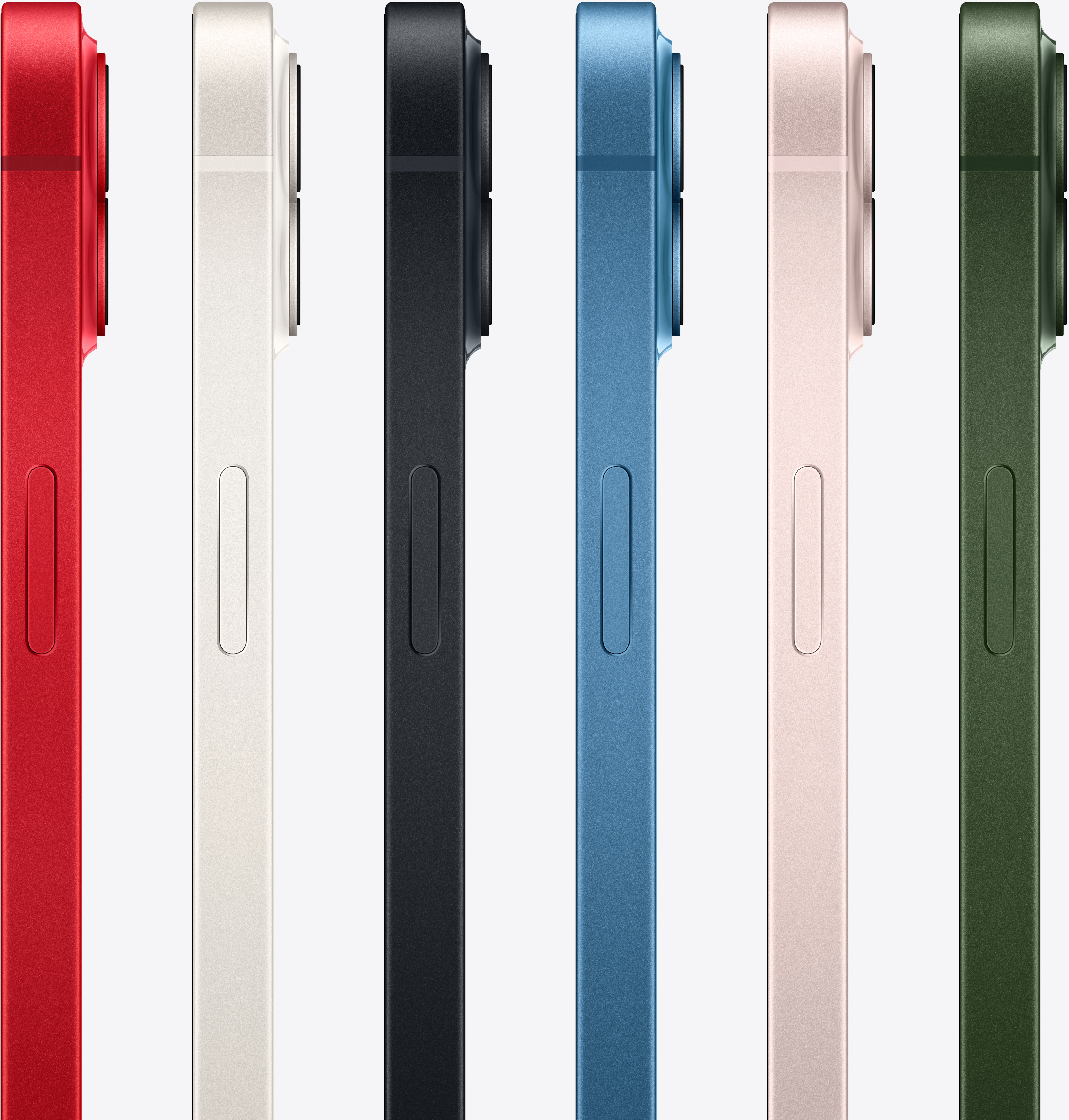 Zes iPhones in verschillende kleuren: rood, wit, zwart, blauw, roségoud en groen, gezien van de zijkant.