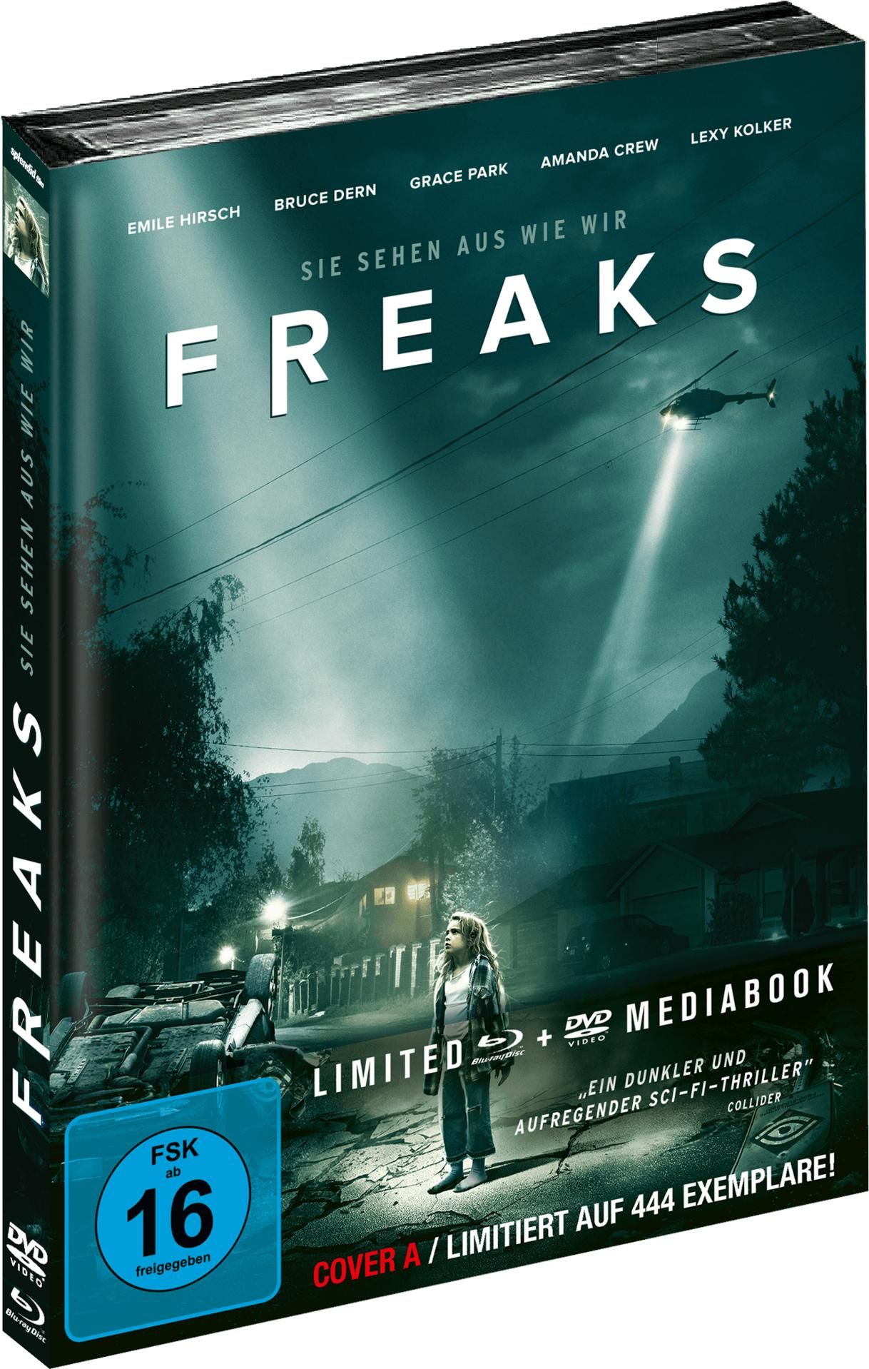 Filmcover für Freaks. Ein Mädchen steht auf einem Feld mit einem Auto und einem Hubschrauber.