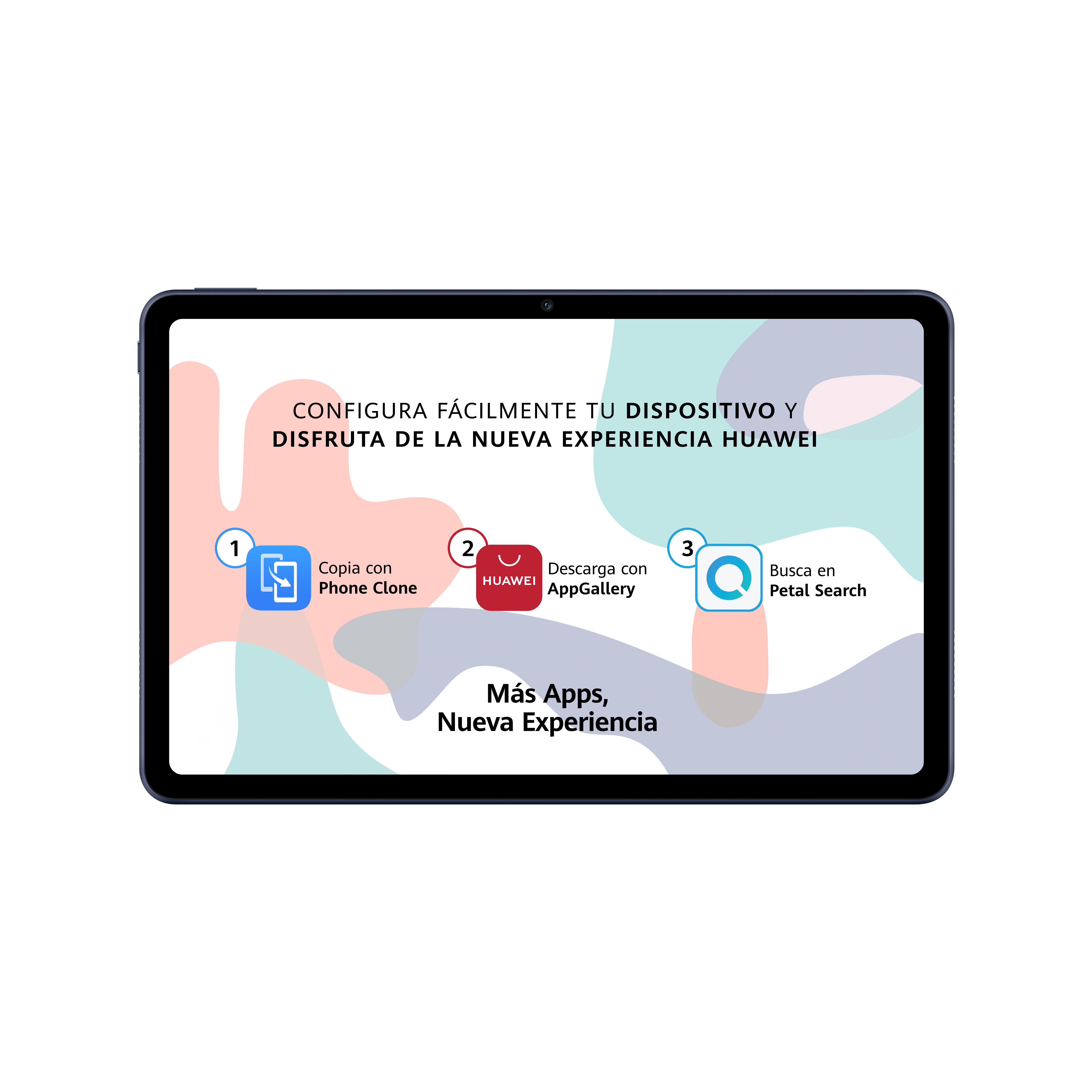 Tableta con texto: Copiar con Phone Clone, Descargar con AppGallery y Buscar en Petal Search.