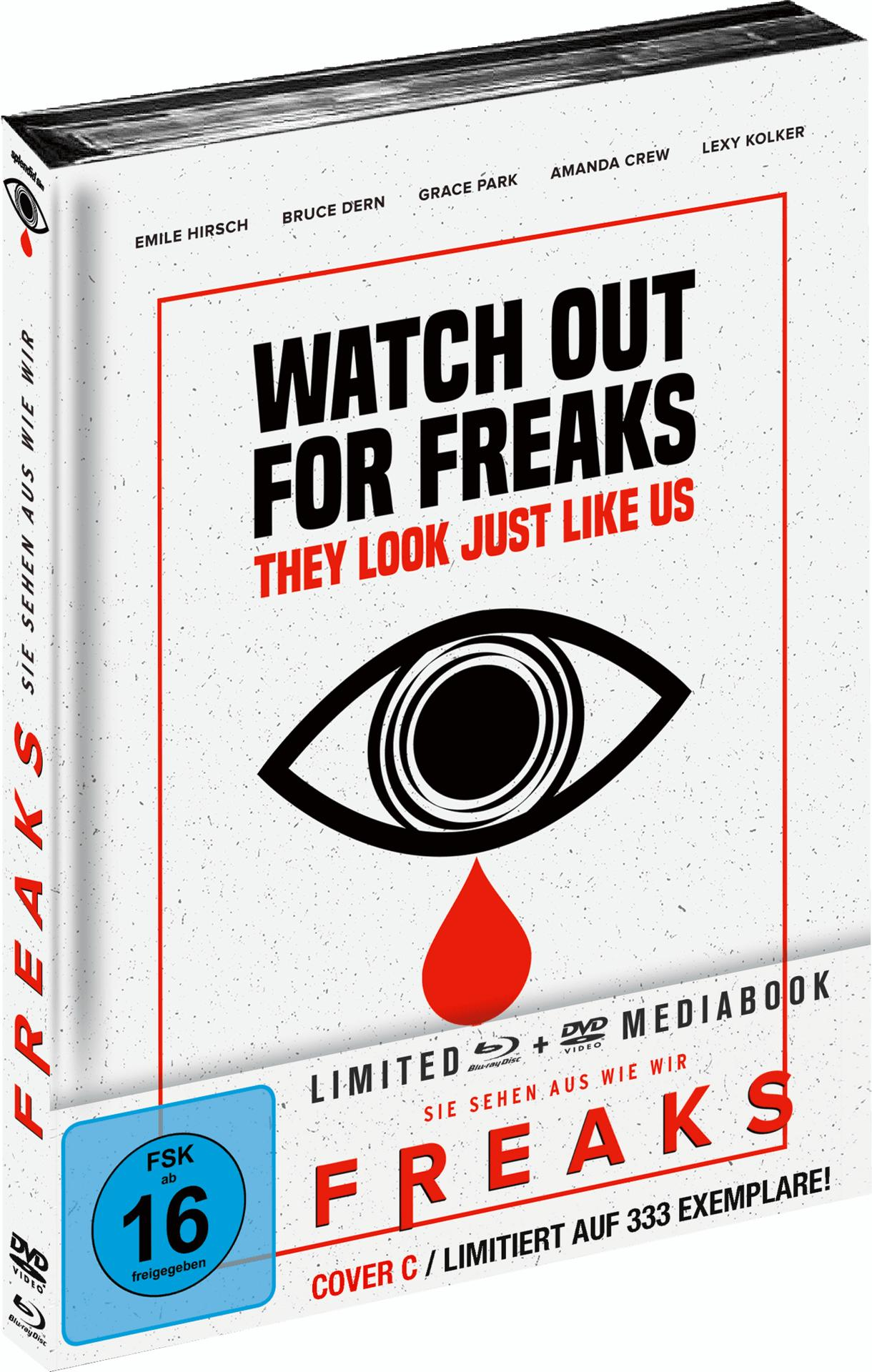 DVD-Hülle: "Watch Out For Freaks", mit Augengrafik und roter Träne. Schauspieler: Hirsch, Dern, Park, Crew, Kolker.