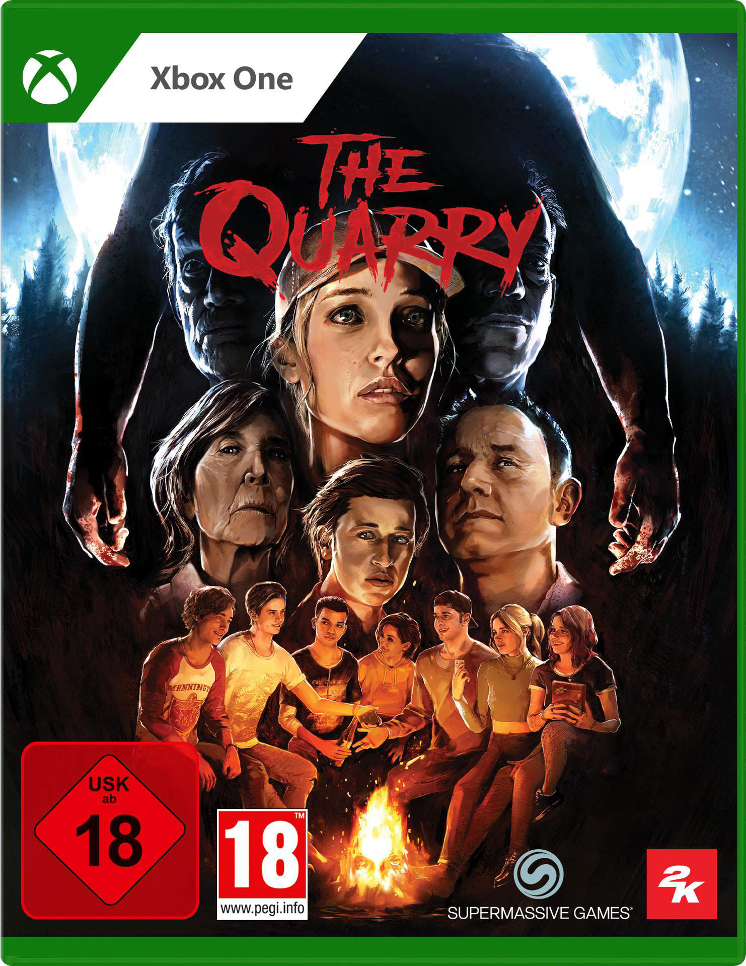 Xbox One-Spielcover: Personengruppe, Gesichter im Hintergrund, Titel: The Quarry.