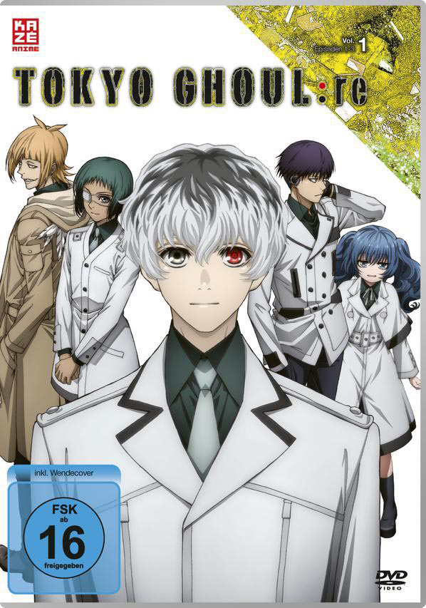 Tokyo Ghoul:re DVD-Cover. Anime-Charaktere sind abgebildet. FSK 16 Bewertung.