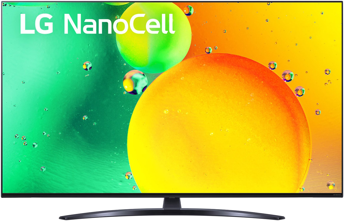 LG NanoCell TV állványon. A képernyő színes, absztrakt formákat jelenít meg sárga és zöld színben.