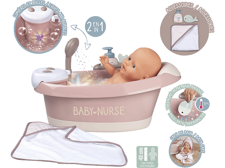 SMOBY Baby Puppen-Badewanne elektronische (120) Rosa Puppenspielset, Nurse