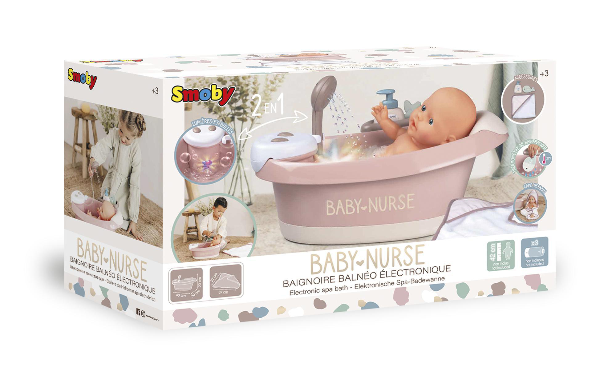 SMOBY Baby Puppen-Badewanne elektronische (120) Rosa Puppenspielset, Nurse