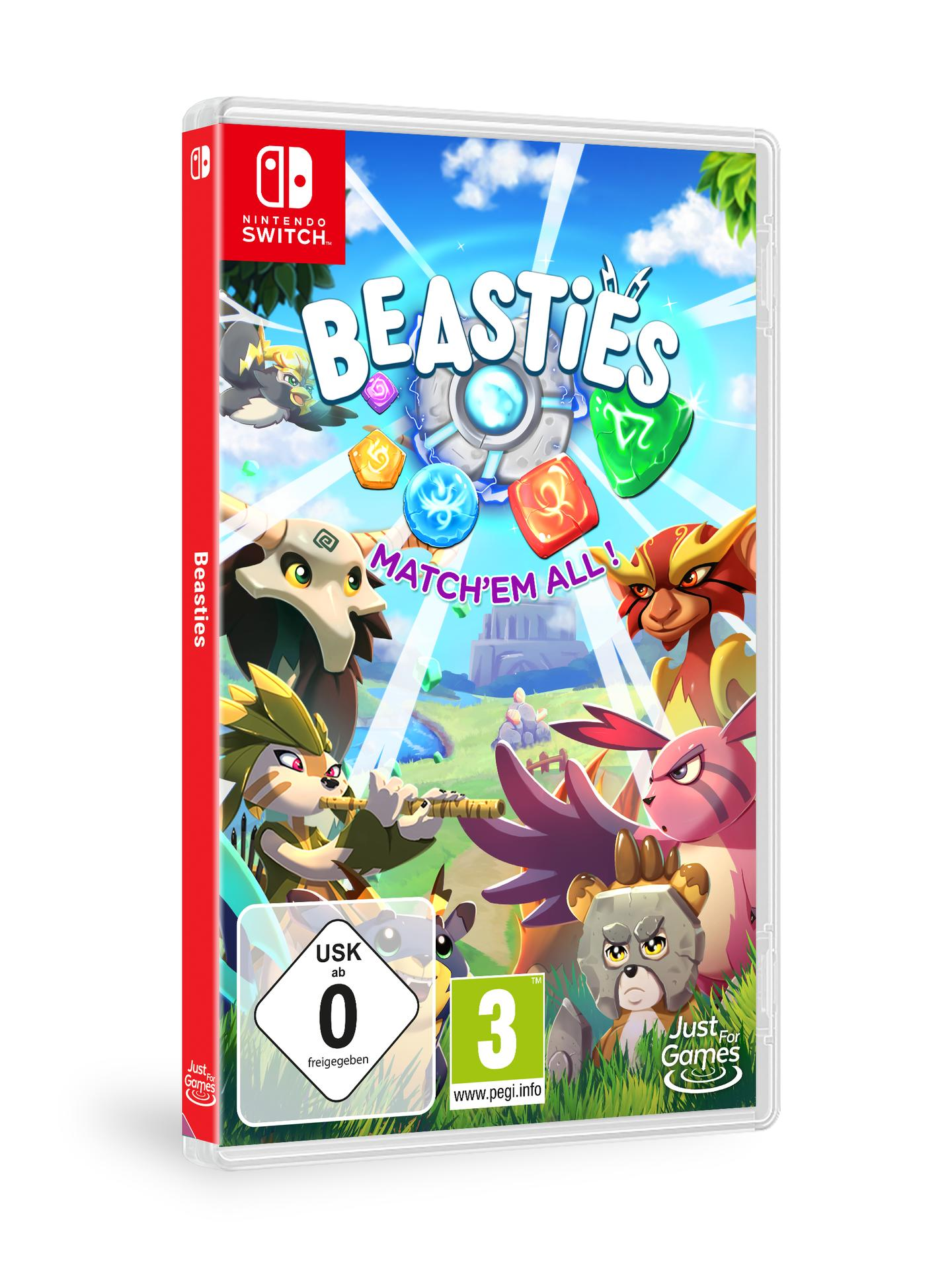 Eine Nintendo Switch-Spielhülle für 'Beasties' mit bunten Monstercharakteren auf dem Cover.