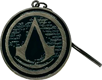 Egy fém Assassin's Creed logós kulcstartó. A logó egy ezüst sas fekete háttéren.