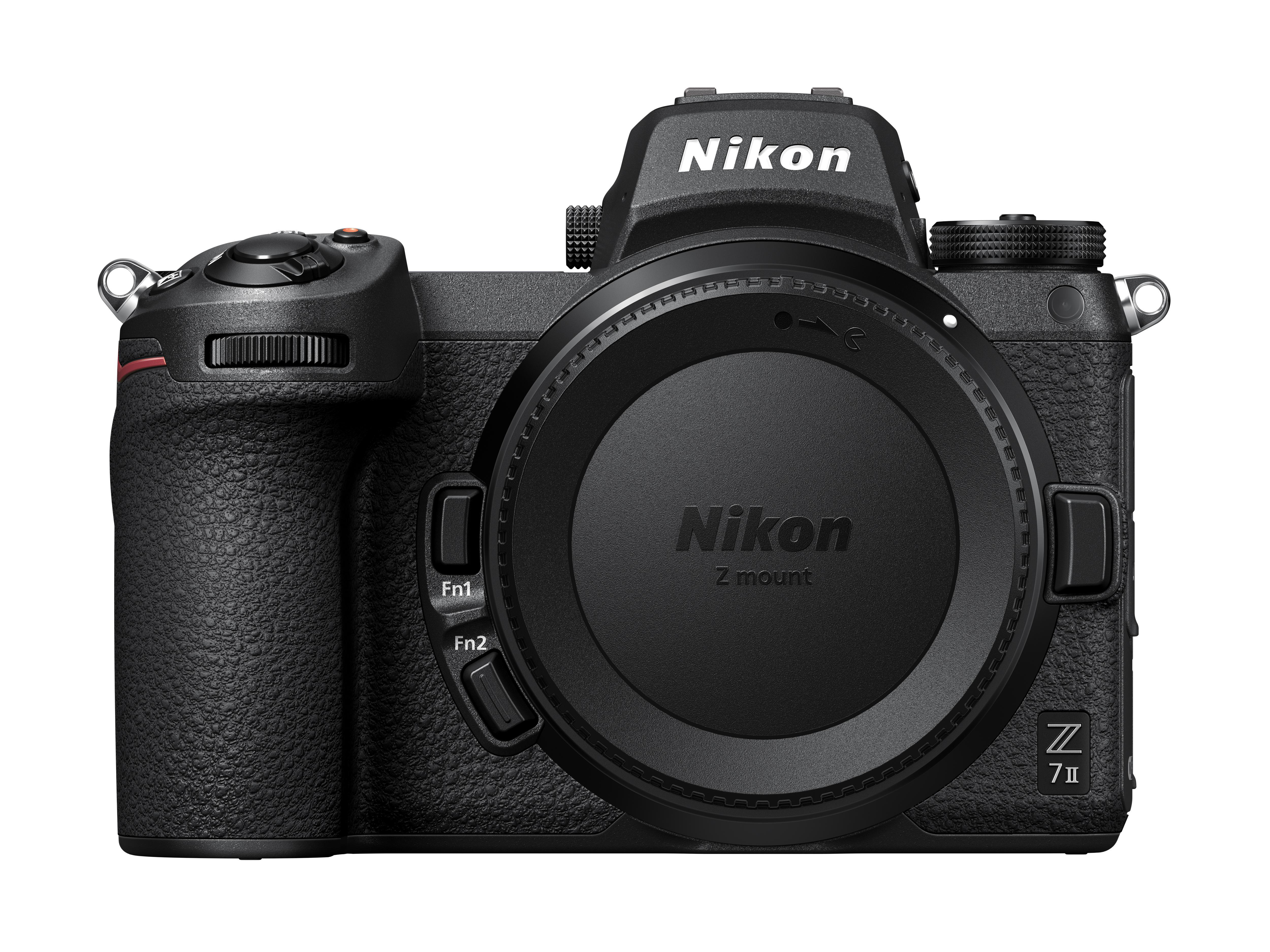 Nikon Z 7II Kamera, schwarz, mit Objektivdeckel, Nikon Logo sichtbar.