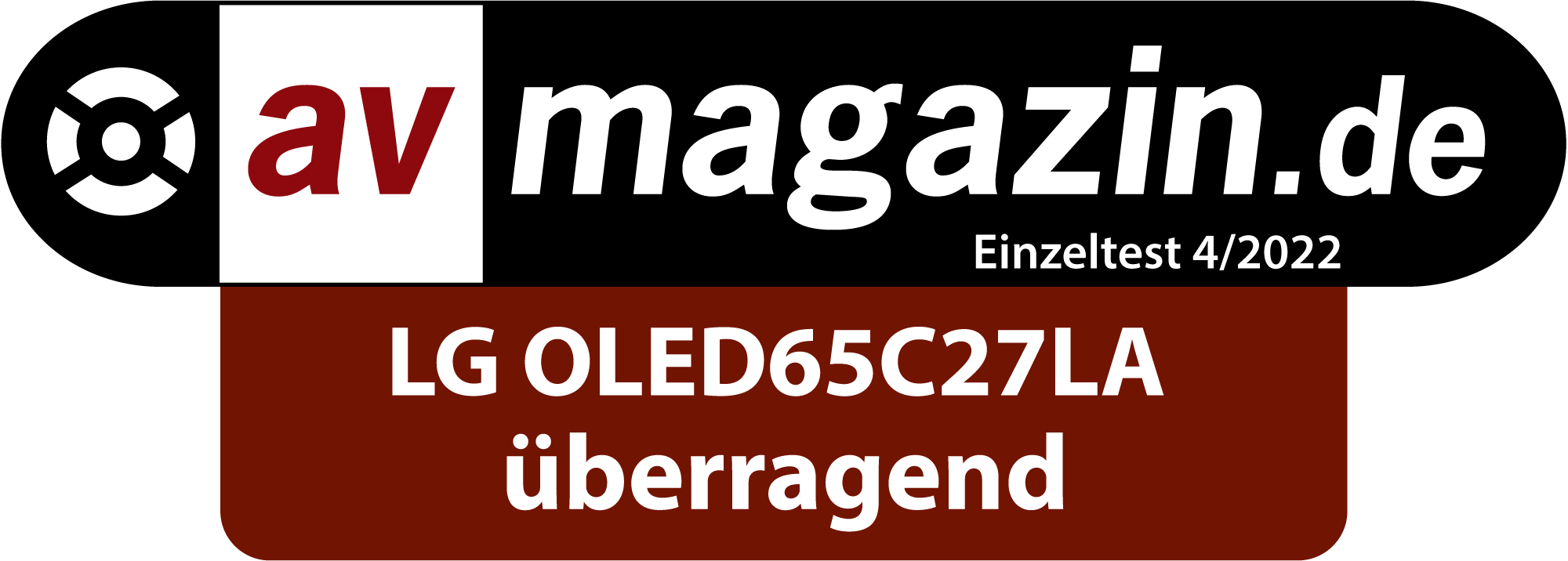 Testbericht von av magazin.de: LG OLED65C27LA, bewertet mit "überragend". Schwarzer Hintergrund mit weißem Text.
