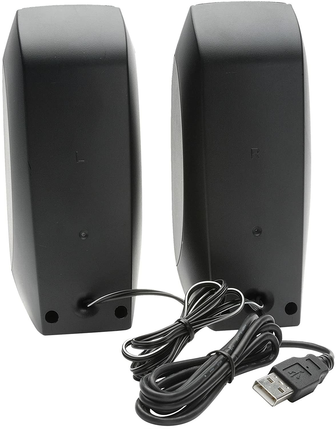 Two black computer speakers with black and white cables, and USB connector.