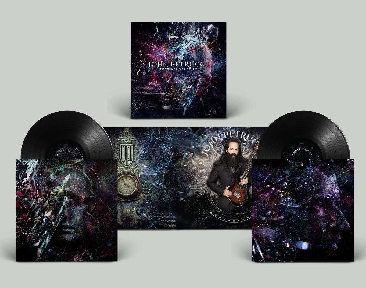 Album: John Petrucci, Terminal Velocity. Vinyl lemezek, borítók absztrakt mintákkal, John Petrucci gitárt tart.