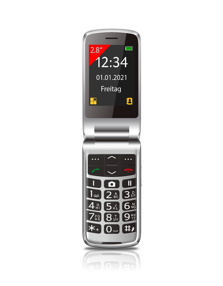 Ein silbernes Klapphandy ist geöffnet und zeigt eine Uhr, ein Datum und das Wort Freitag.