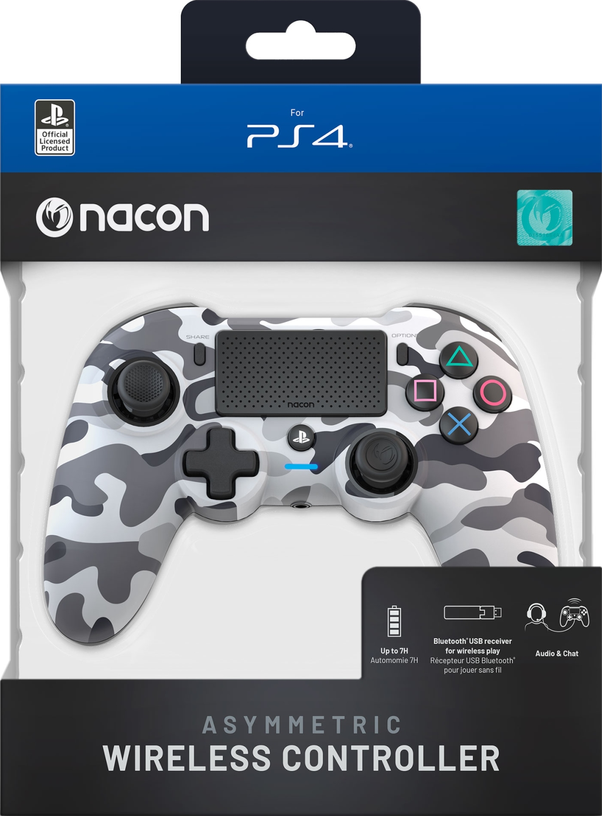 Ein schwarz-weißes Camouflage-PS4-Gamepad in seiner Verpackung. Die Box hat Branding und ein Bild eines drahtlosen Empfängers.